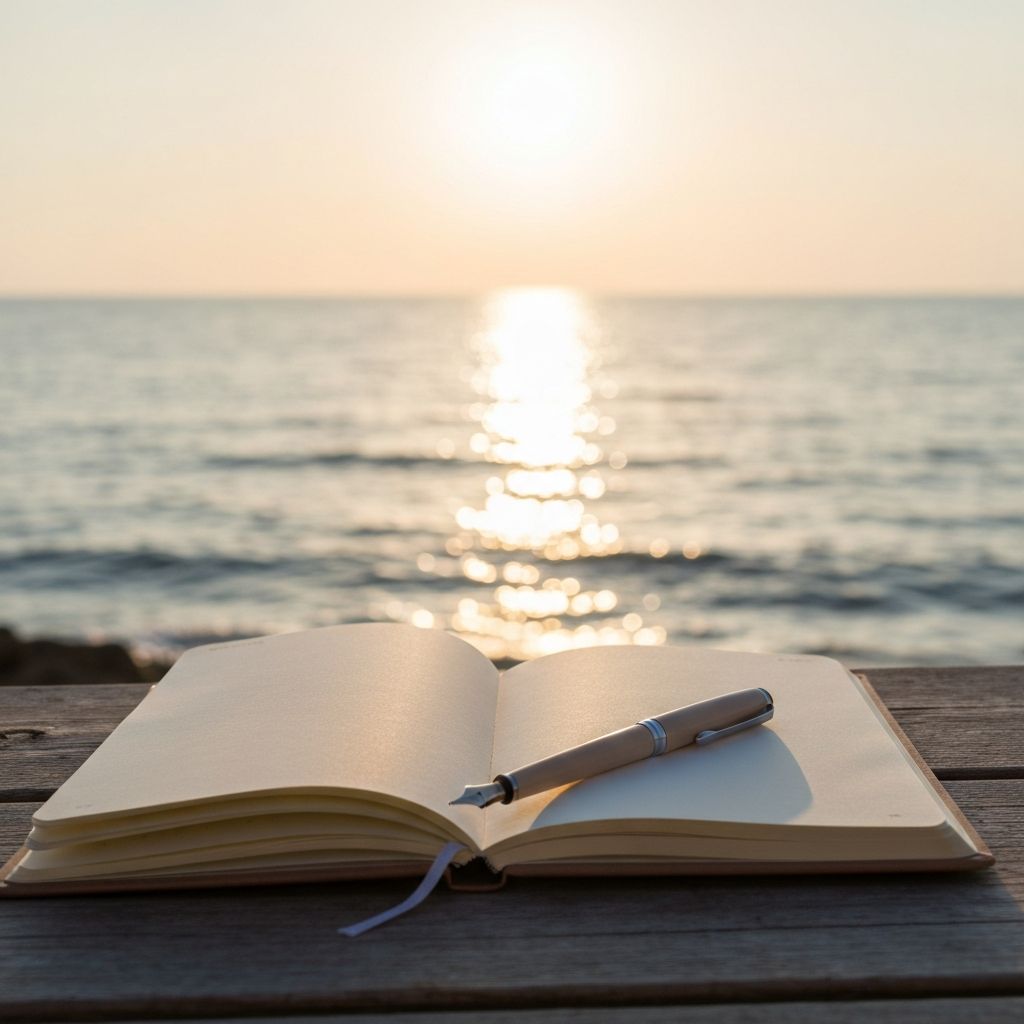 Journal and pen on Mediterranean background